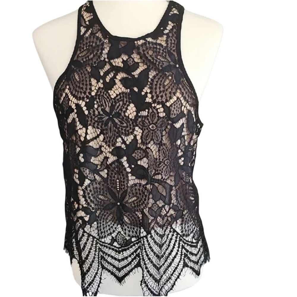 Whimsy Express Black Lace Overlay Tank Top Nude Lining Racerback XS EUC Witchy